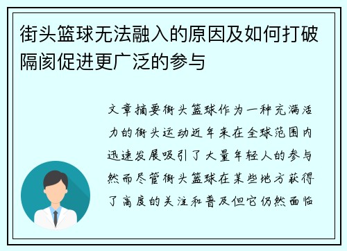 街头篮球无法融入的原因及如何打破隔阂促进更广泛的参与