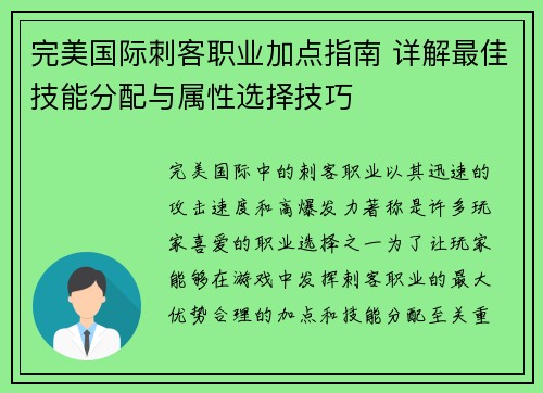 完美国际刺客职业加点指南 详解最佳技能分配与属性选择技巧