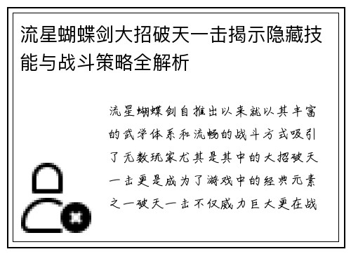 流星蝴蝶剑大招破天一击揭示隐藏技能与战斗策略全解析